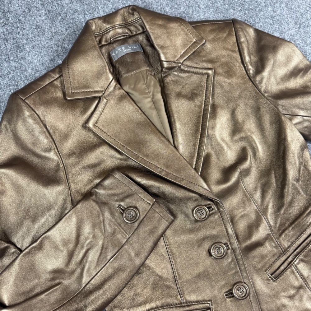 Kate Hill Leather Blazer Women 2P Bronze Metallic Tailored Button Front Jacket